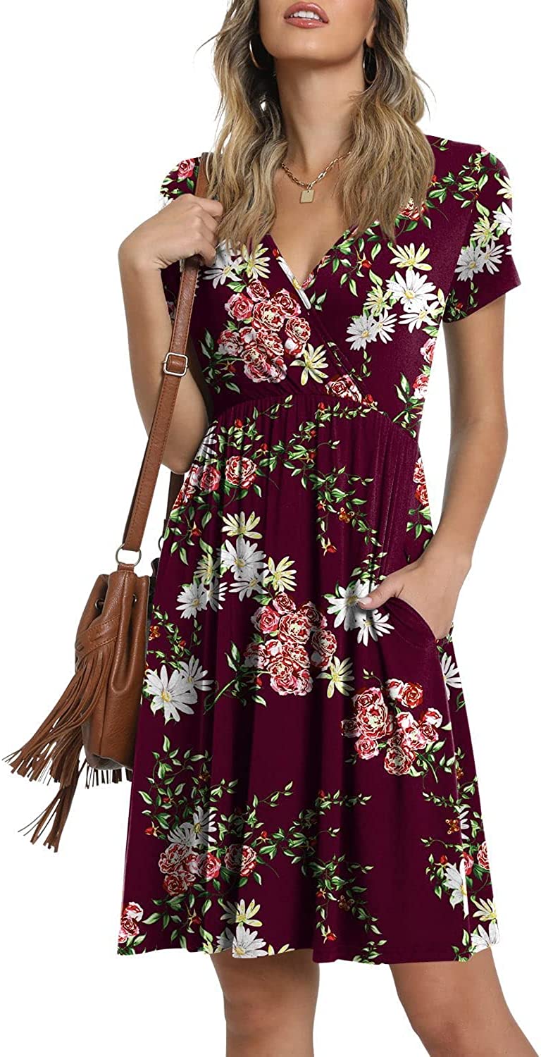 Summer Women's V Neck Dress, Printed Short Sleeve Neck Dress, Casual Loose Floral Beach Dress, Swing A-Line Dresses