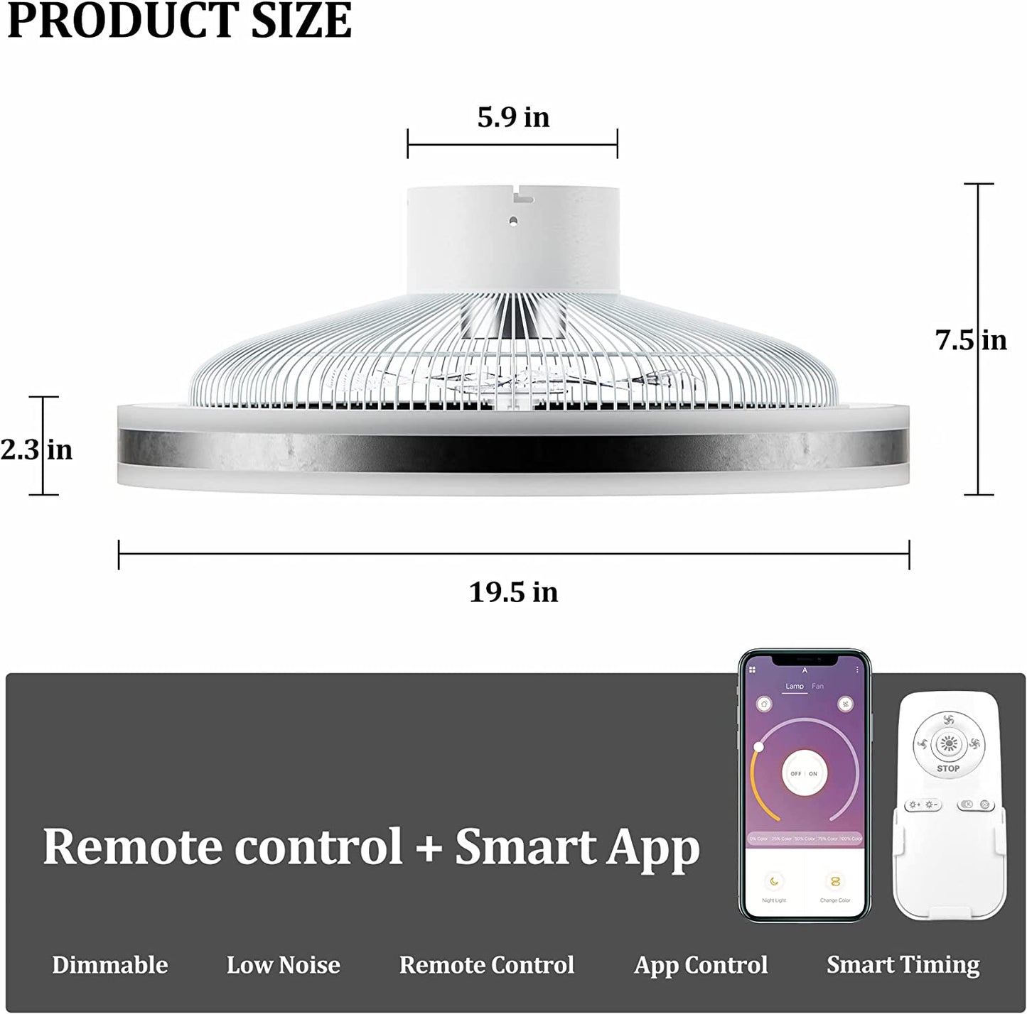 Ceiling Fan with Lights and Remote Control, Modern Enclosed Bladeless Ceiling Fan, Dimmable 3 Color 3 Speeds Timing, Indoor Flush Mount Low Profile Fan for Kids Room Bedroom Living Room