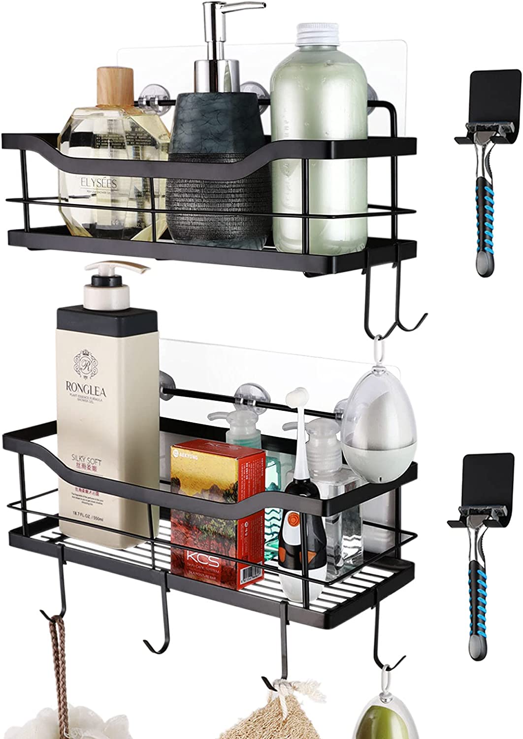 Adhesive Shower Caddy Basket Shelf with Hooks, No Drilling Bathroom Organizer Shelf, SUS 304 Stainless Steel 2-in-1 Kitchen Spice Racks- Wall Mounted Storage Basket, 2 Pack (Brushed Nickel)