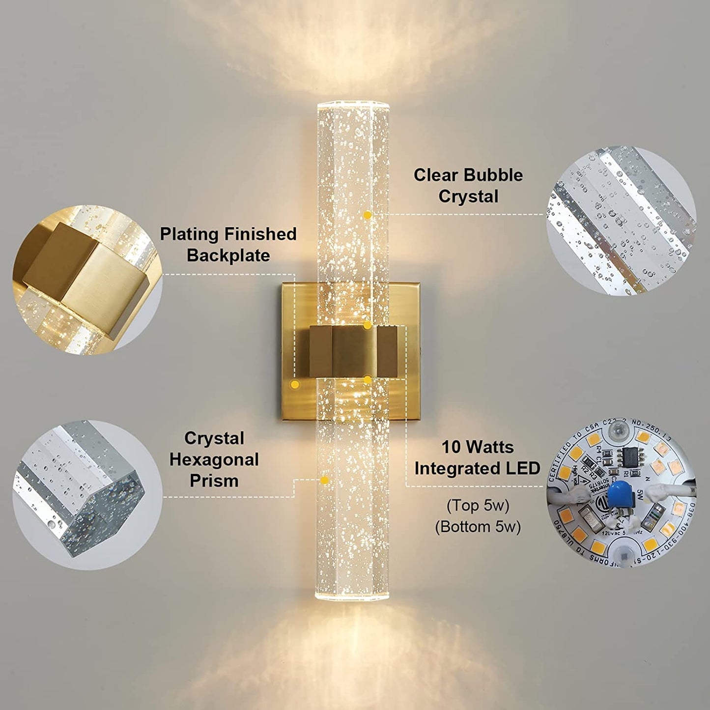 Wall Sconces Lighting Set of Two - Epinl Crystal Bathroom Light Fixture LED Gold Sconces Wall Lighting with Bubble Glass 15.7inch Indoor Vanity Lights for Bathroom Hallway Bedroom Living Room (2 Pack)