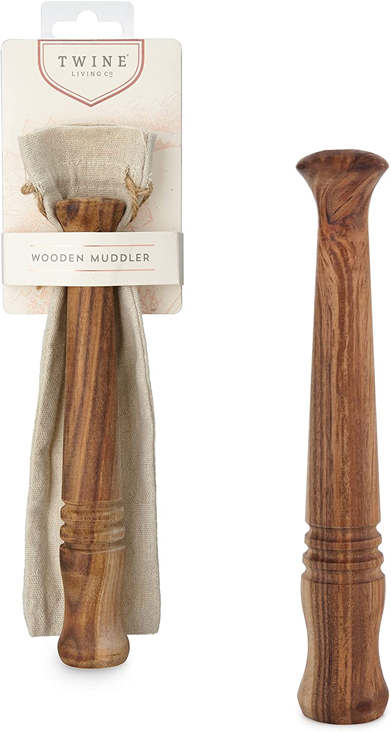 Twine Acacia Wood Muddler, Bar Accessory and Cocktail Drinkware Tool, Kitchen Essential with Jute Storage Pouch, Set of 1, Wood Grain