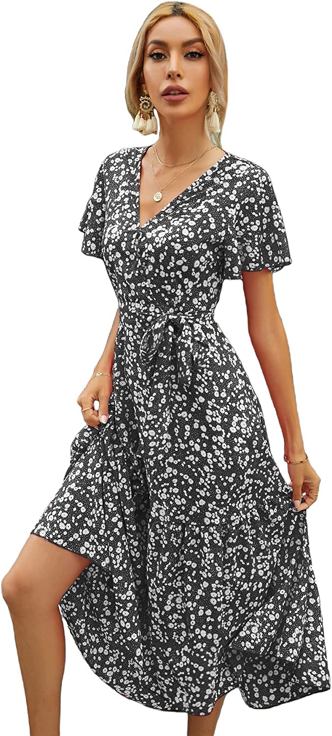 Womens Summer Dress Casual Ditsy Floral Tie Front Button Up Boho Midi Tshirt Dresses