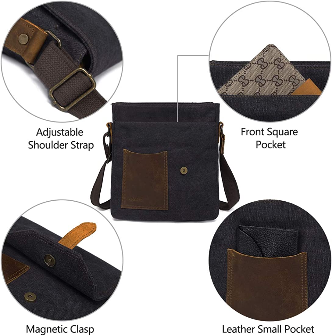 Small Messenger Bag,VASCHY Vintage Canvas Leather Lightweight Crossbody Bag