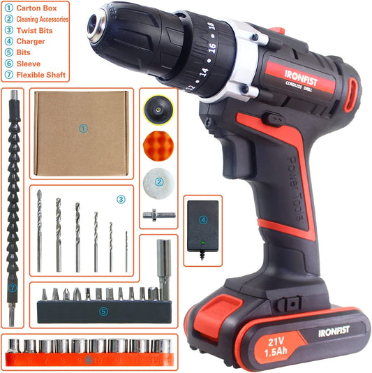 Cordless Drill, Screwdriver Impact Power Tools 21V Lithium Battery 45Nm Torque Setting with Led Light 2 Speed Driver