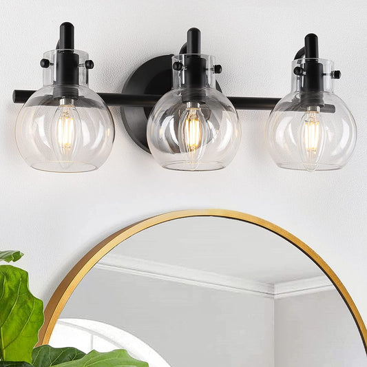 Vanity Light Fixtures, Modern 3 Lights Wall Sconce Lighting Matte Black, Farmhouse Metal Wall Lamp with Globe Glass Shade, Porch Wall Mount Light Fixture for Mirror Cabinets Hallway Stairs