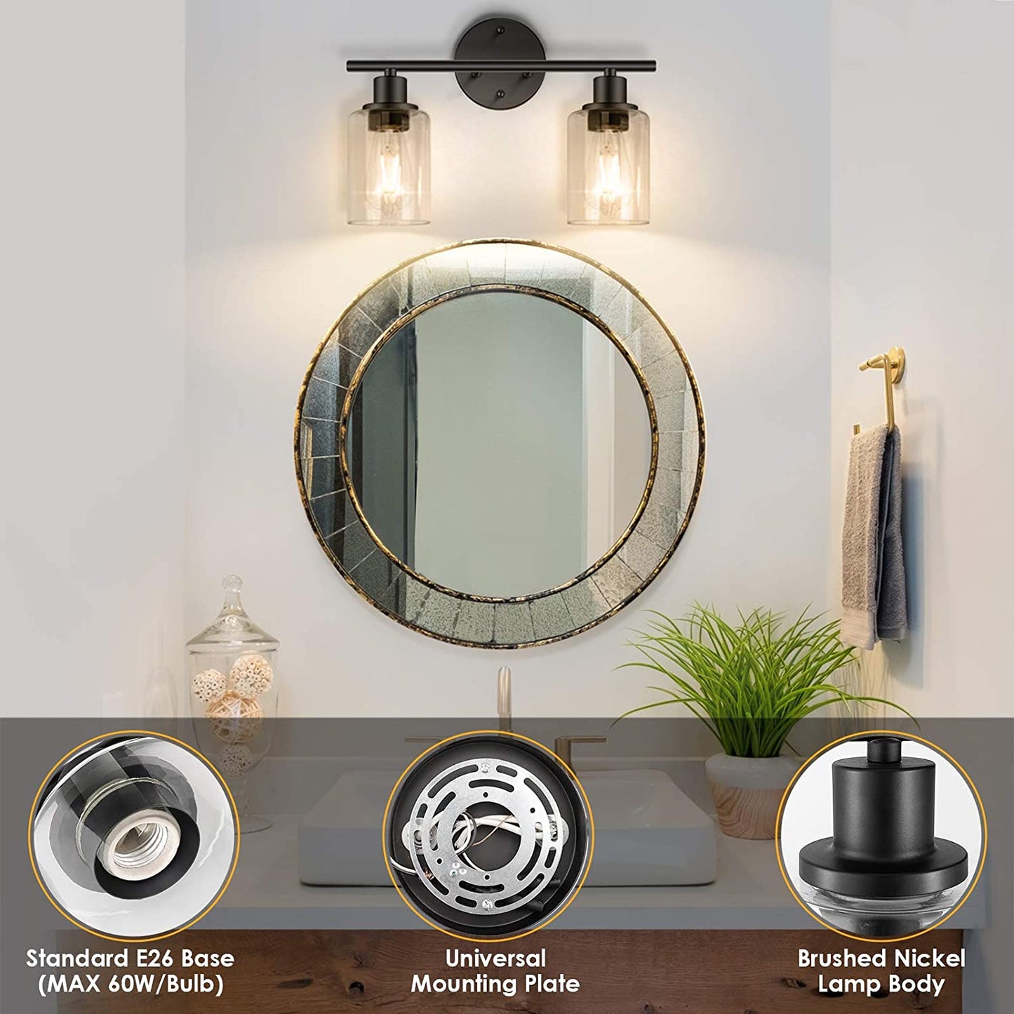Light Fixtures, 2 Light Matte Black Vanity Light, Vintage Wall Sconces Lighting, Modern Bath Wall Mounted Lights with Glass Shade, Porch Wall Lamp for Mirror, Living Room, Bedroom, Hallway