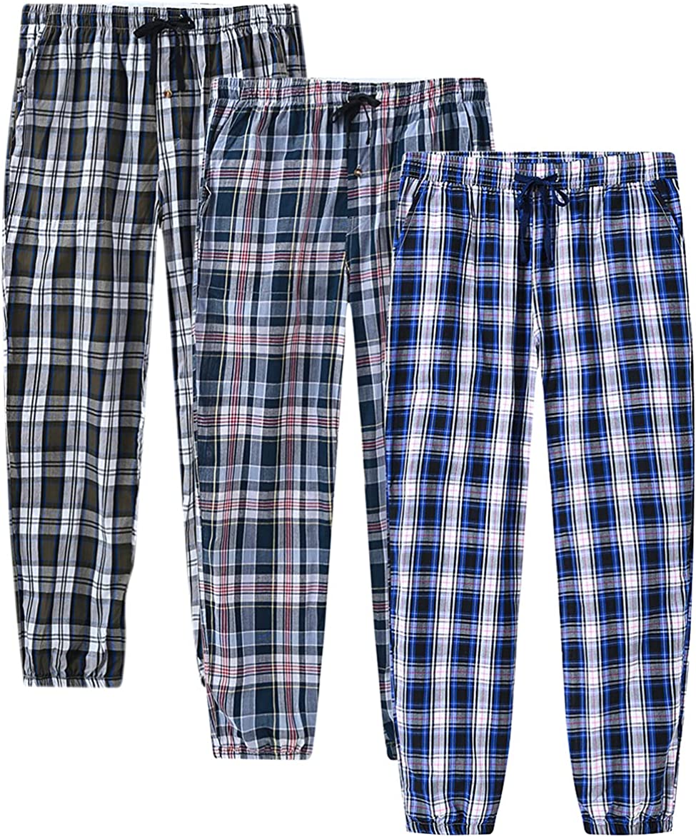 Men's Pajama Pants Plaid Sleapwear Pants Loungewear Bottom Button Fly/Drawstring/Pockets 3-Pack