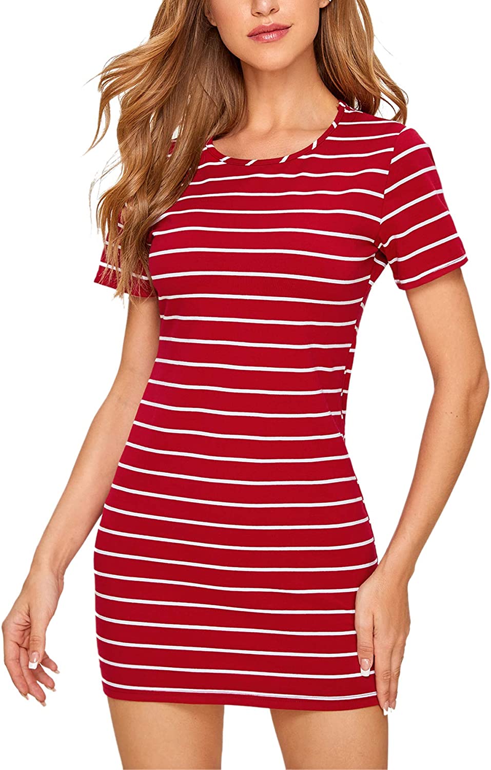 Women's Casual Short Sleeve Striped Bodycon T Shirt Short Mini Dress