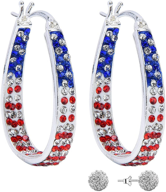 Crystal Hoop Earrings,Silve Plated Inside Out Hoop Earrings For Women & Girls,Oval Shape,1.2Inch…