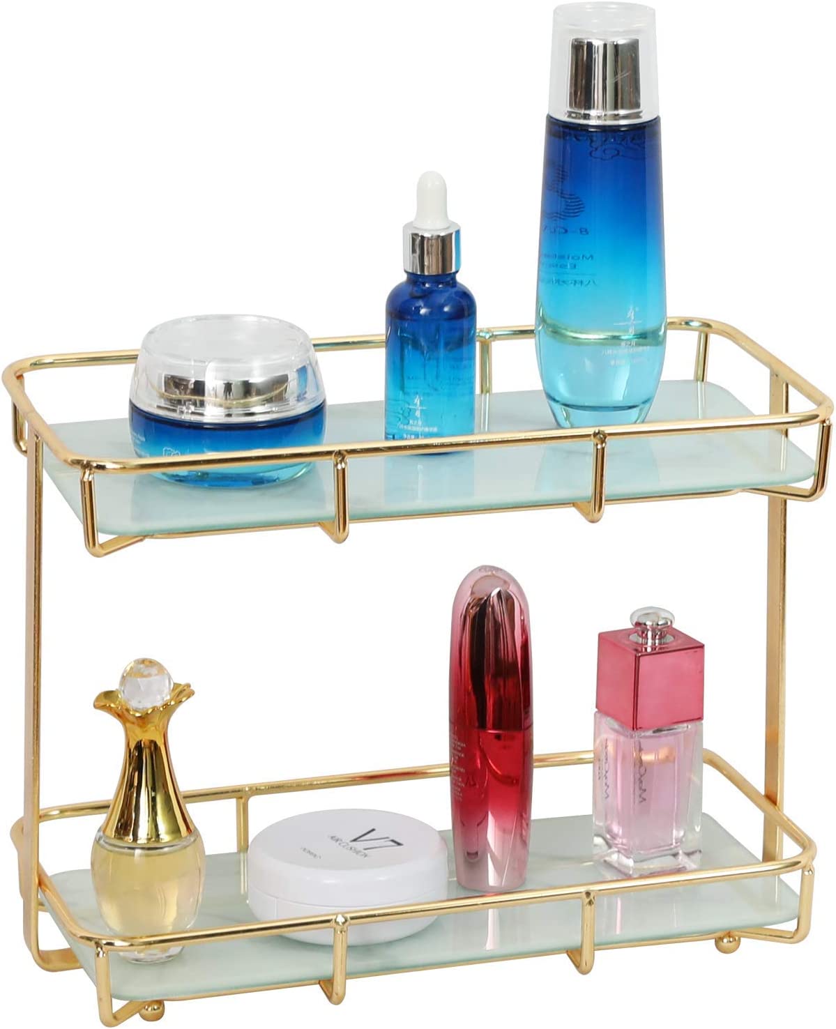2-Tier Bathroom Organizer Countertop, Bathroom Countertop Storage Shelf with Removable Marble Glass Tray , Vanity Tray Cosmetic Organizer Holder Gold
