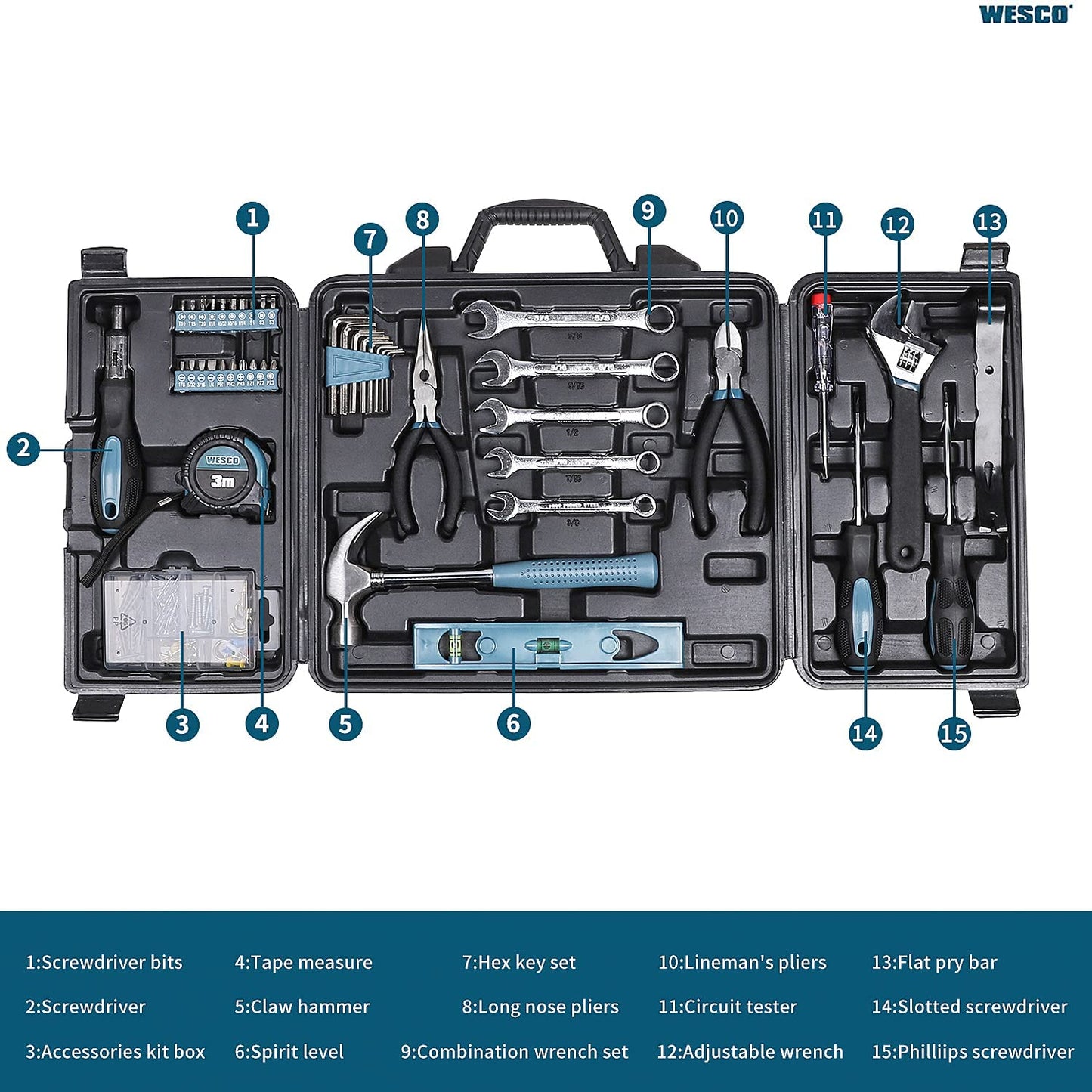 Tool Kit, Household Hand Tool Set, WESCO 144 Pieces Home/Car Tool Kit with Portable Storage Case/Box，Electrician Hand Tools Kit for Home/Men/Women
