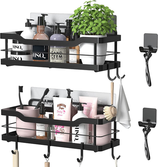 Carwiner Shower Caddy Bathroom Shelf 2-Pack, Basket with 8 Hooks for Hanging Shampoo Conditioner, SUS304 Stainless Steel Rack Wall Mounted Storage Organizer for Kitchen, No Drilling (Black)