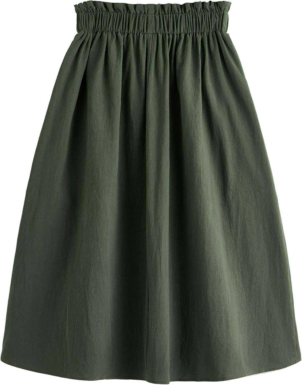 Women's Casual Paper Bag Waist A Line Pleated Midi Skirt with Pockets