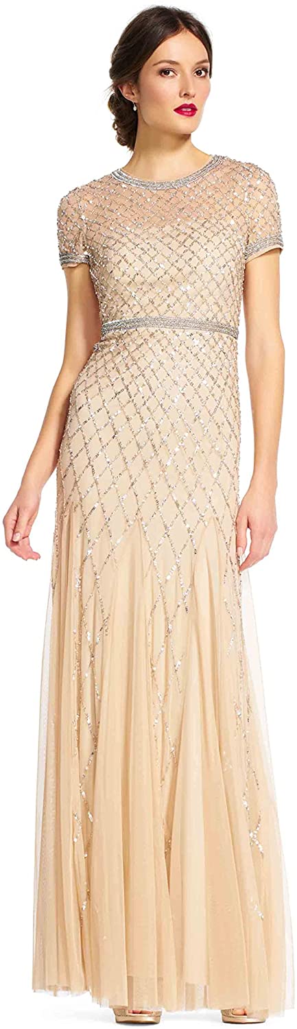 Papell Women's Short-Sleeve Beaded Mesh Gown