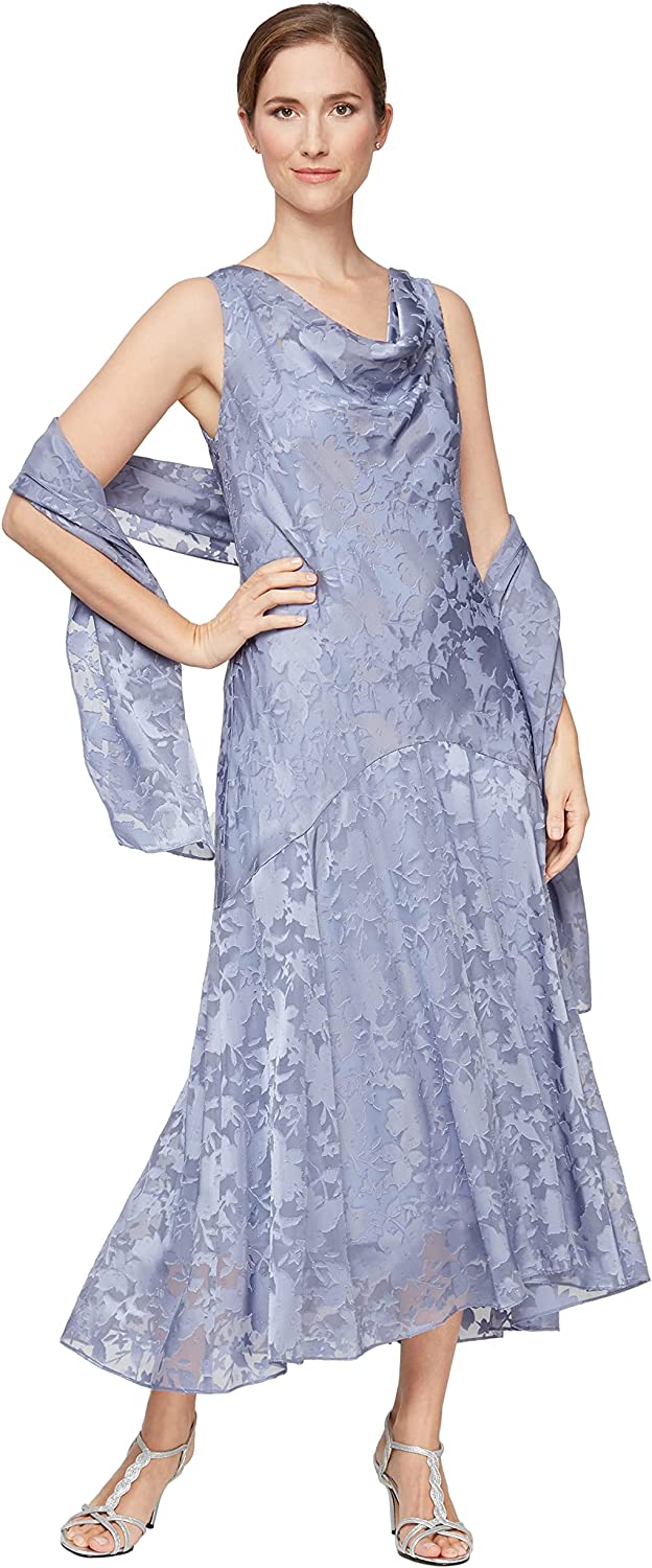 Evenings Women's Tea Length Printed Chiffon Dress with Shawl