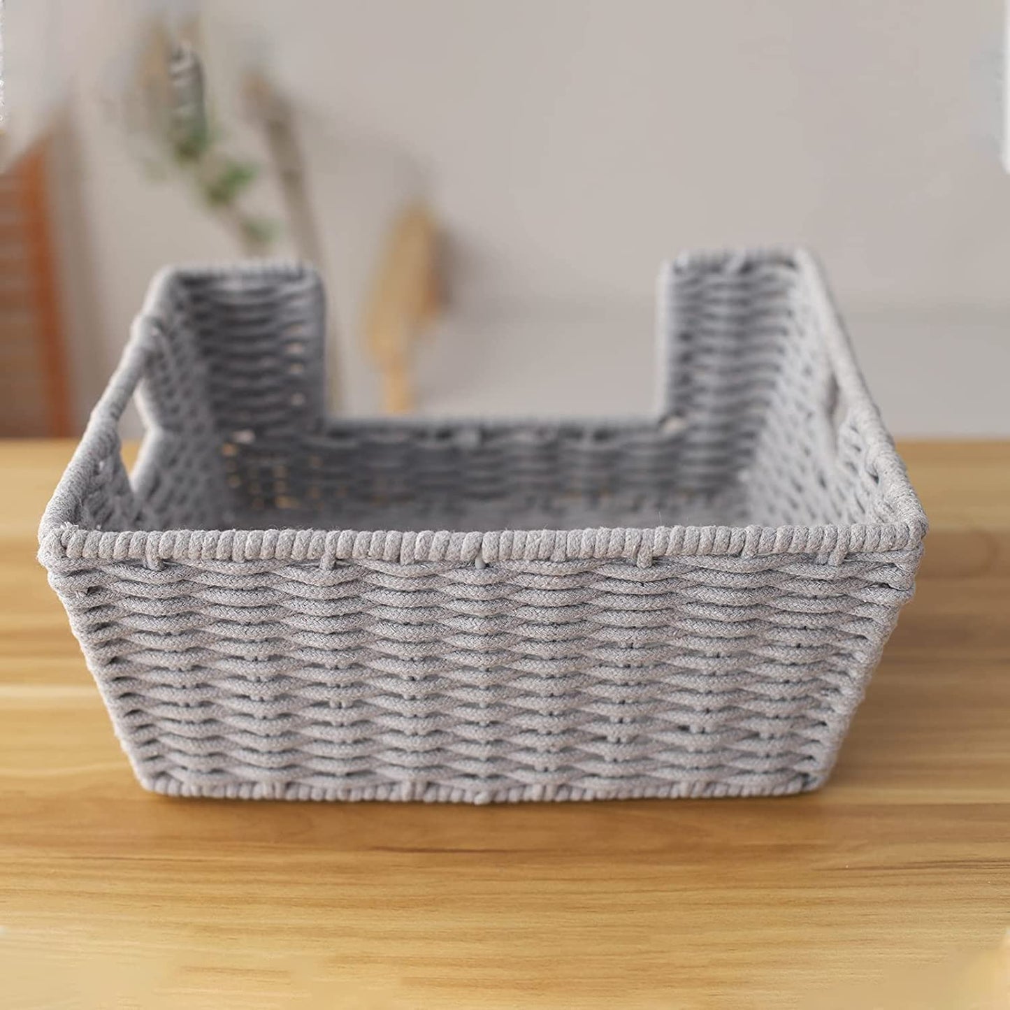 Cotton Rope Storage Basket with Handles Woven Open-Front Baskets Storage Wicker Organizing Baskets for kitchen/Bathroom/Bedroom/Laundry Room/Pantry (Gray)