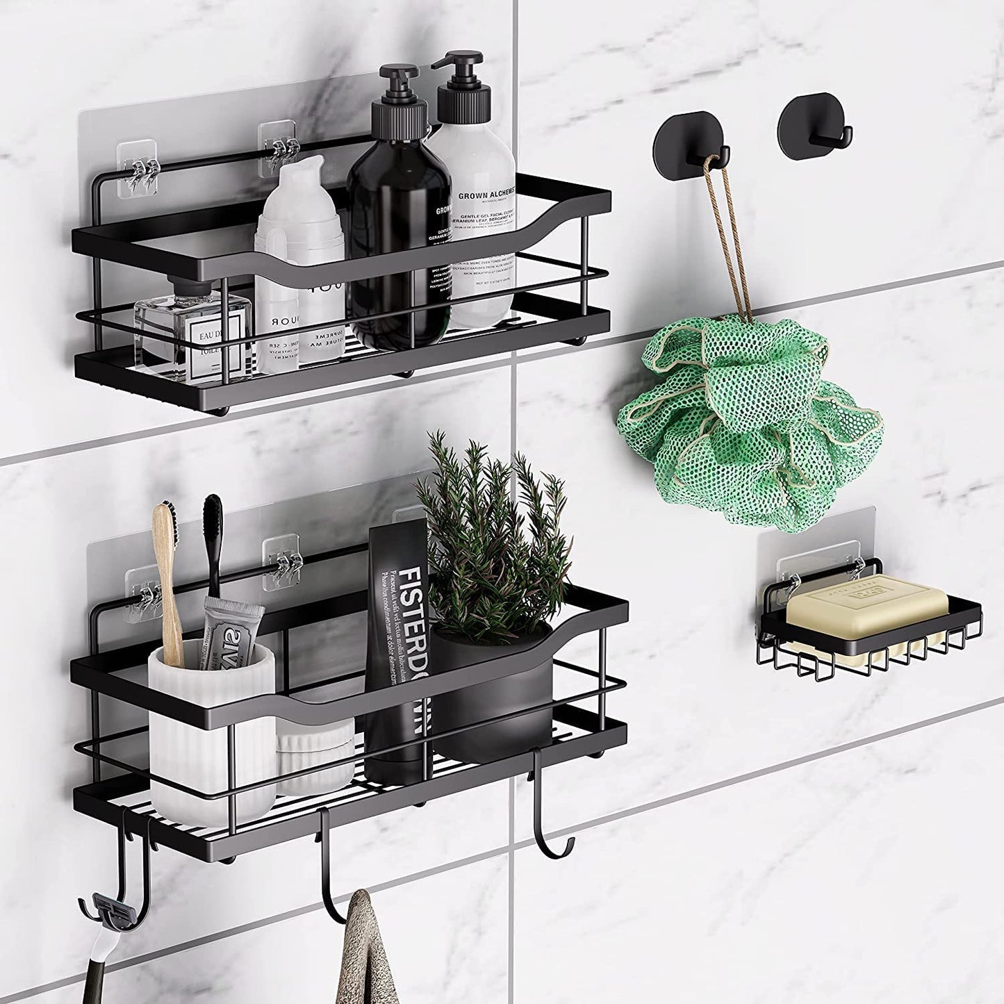 3-Pack Shower Caddy Shelf with Adhesives, 6 Hooks, Soap Dish, Wall Mounted Rustproof Bathroom Organizer Basket, No Drilling, 304 Stainless Steel Storage Rack.(?Matte Black)