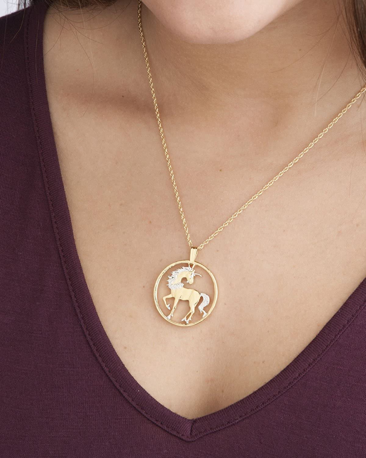 Unicorn Pendant and Necklace, Chinese Coin Hand Cut, 14 Karat Gold and Rhodium Plated, 1