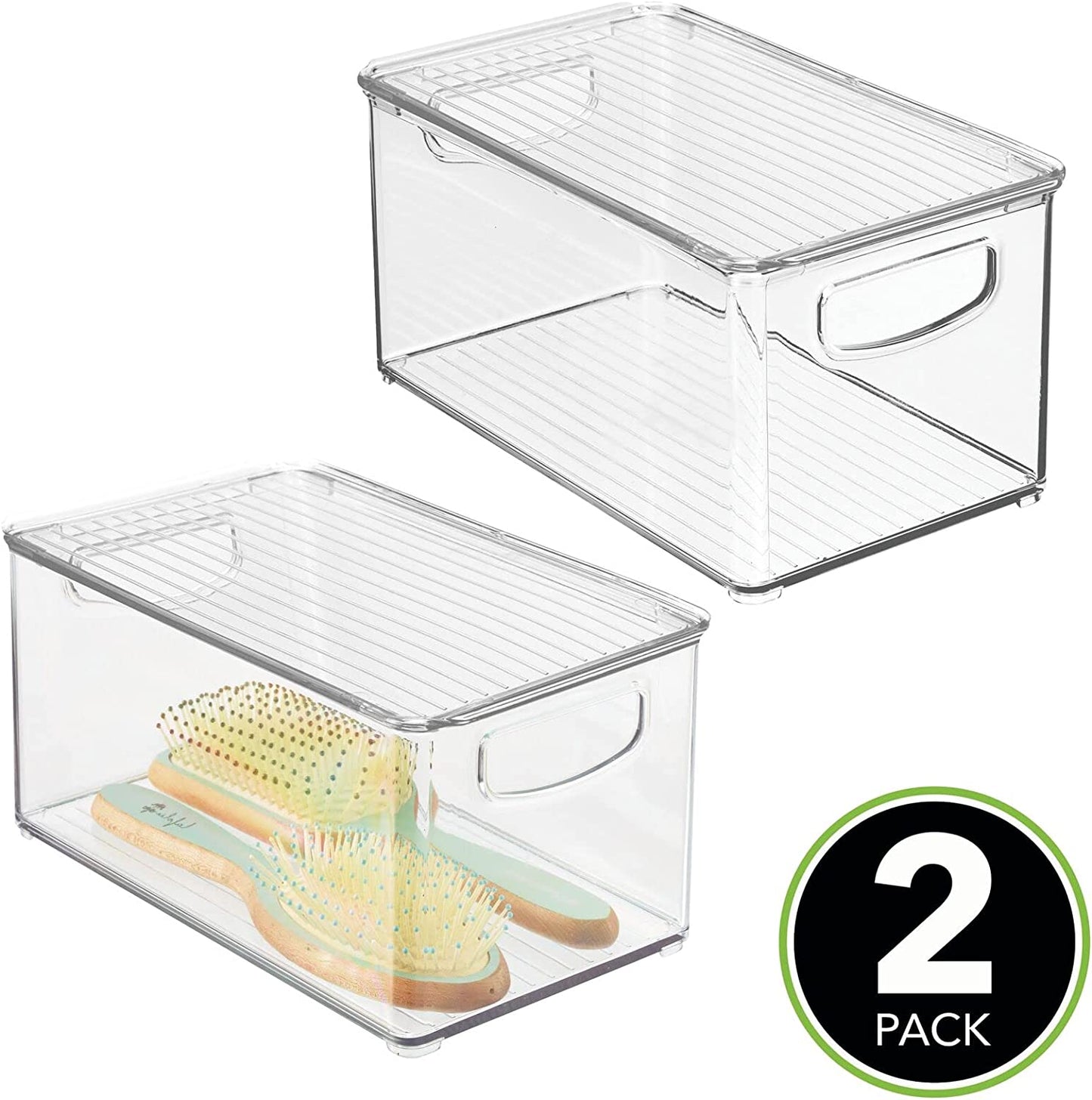 mDesign Deep Plastic Bathroom Storage Bin Box, Lid/Built-in Handles, Organization for Makeup, Hair Styling Tools, Toiletry Accessories in Cabinet, Shelves, Ligne Collection, 2 Pack, Clear/Clear
