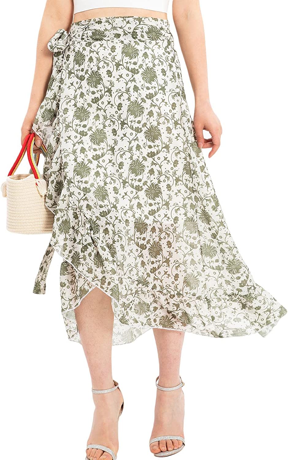 Womens Boho Floral Print High Waisted Wrap Skirts Ruffle Hem Tie Knot Summer Chiffon Flowy Midi Skirts