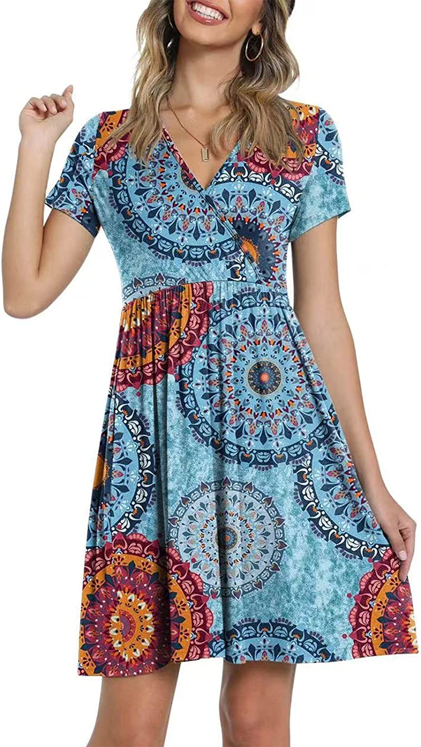 Summer Women's V Neck Dress, Printed Short Sleeve Neck Dress, Casual Loose Floral Beach Dress, Swing A-Line Dresses