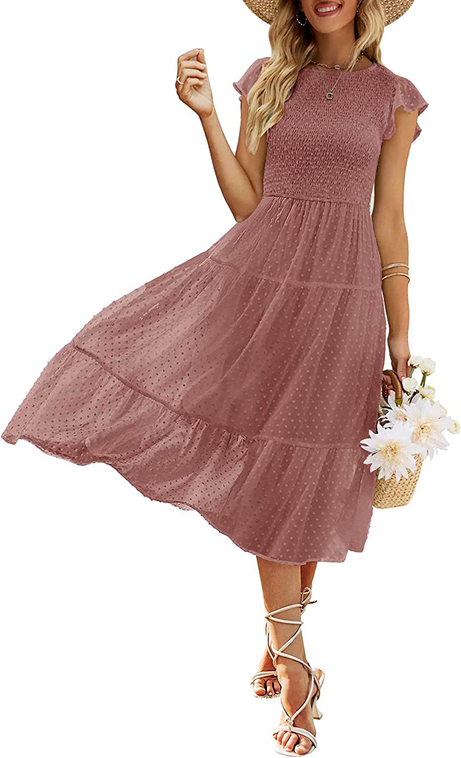 Women's Summer Flutter Short Sleeve Smocked Midi Dress Swiss Dot Flowy Tiered Dresses