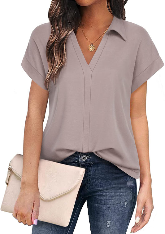 Women's Short Sleeve Tops and Blouses Business Casual Collared Tunic Shirt