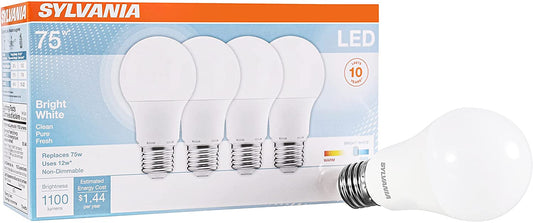 A19 Light Bulb, 75W Equivalent, Efficient 12W, Frosted Finish, 1100 Lumens, Bright White - 4 Pack (78099)