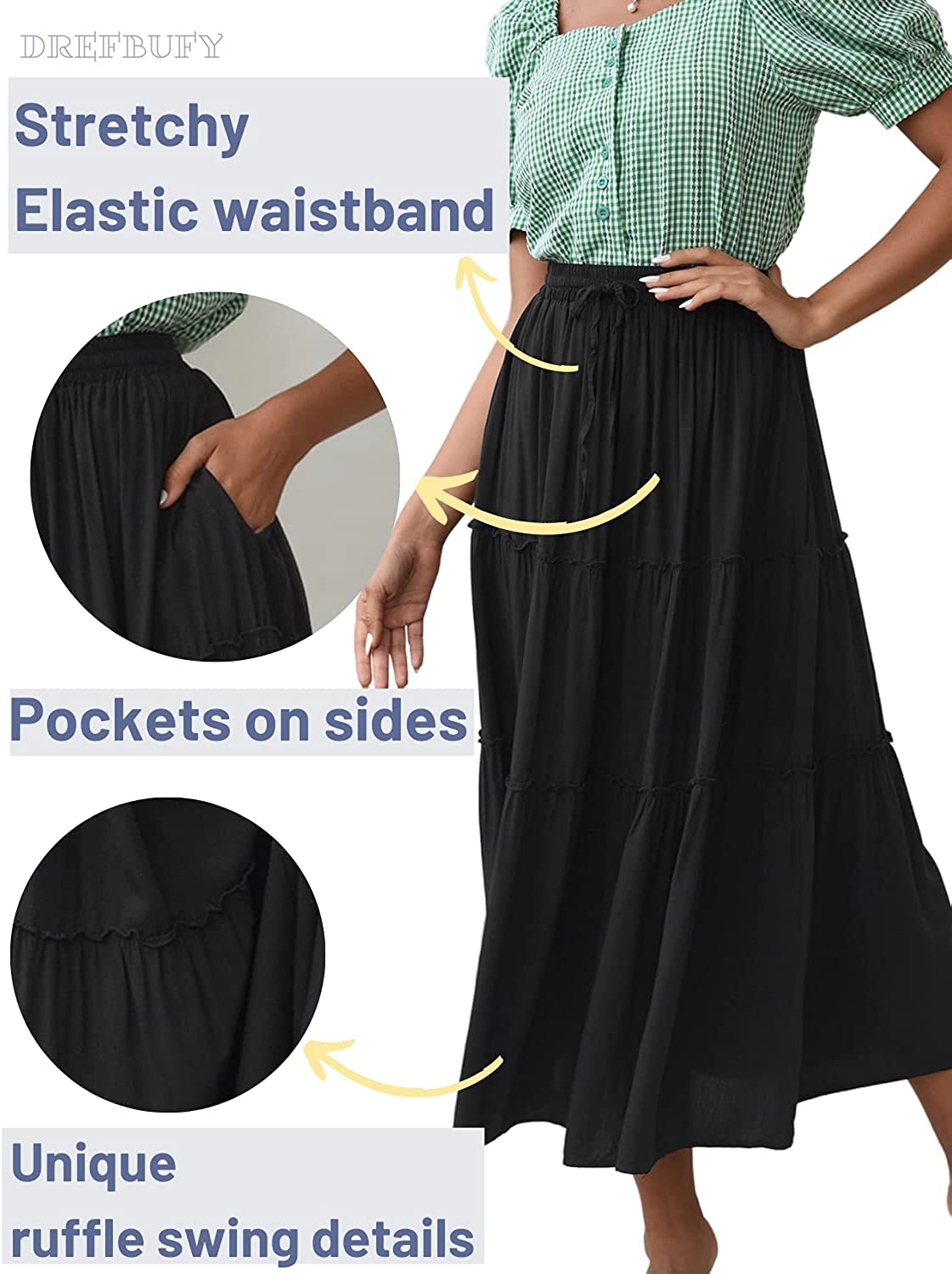 Women's Boho Elastic High Waist A Line Ruffle Swing Beach Maxi Skirt with Pockets