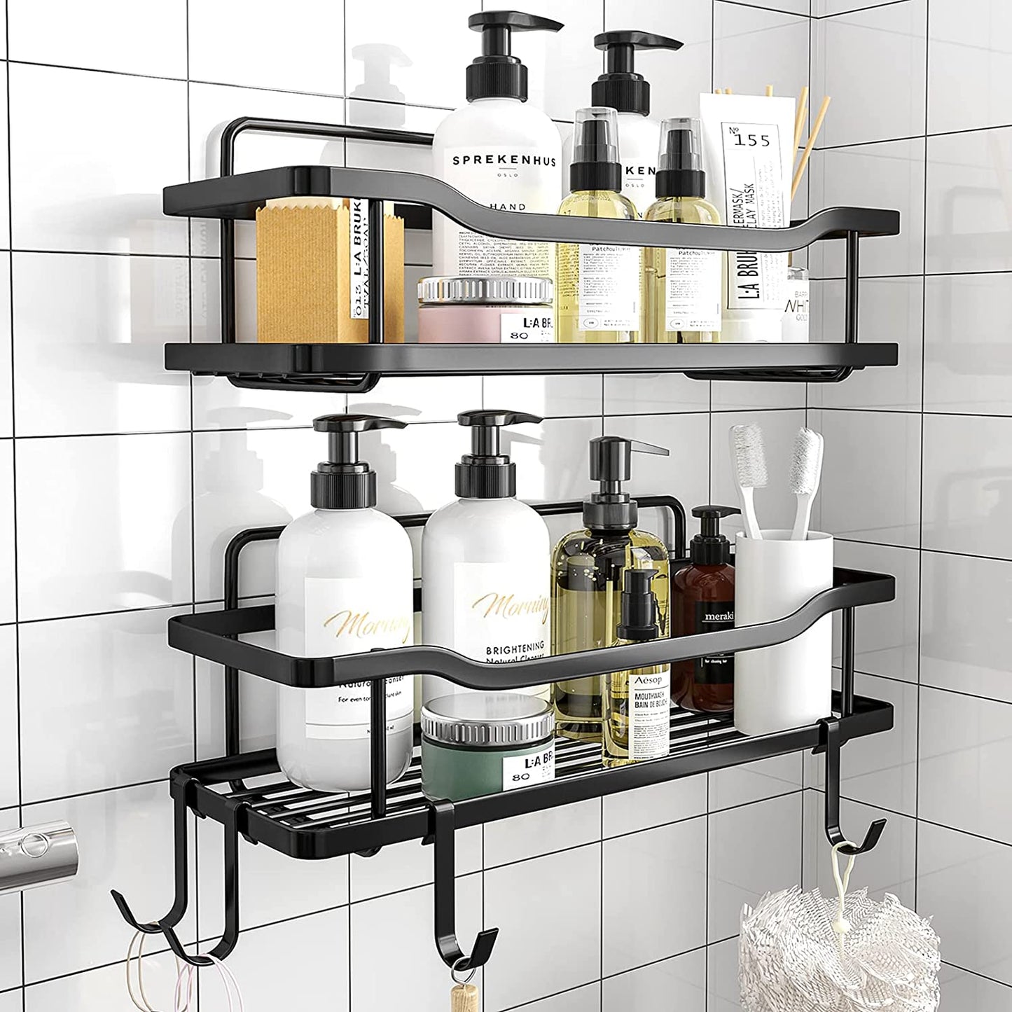 2-Pack Adhesive Shower Caddy, Shower Shelf, No Drilling Rustproof Stainless Steel OMAIRA Shower Organizer for Inside Shower & Kitchen Storage (Matte Black)