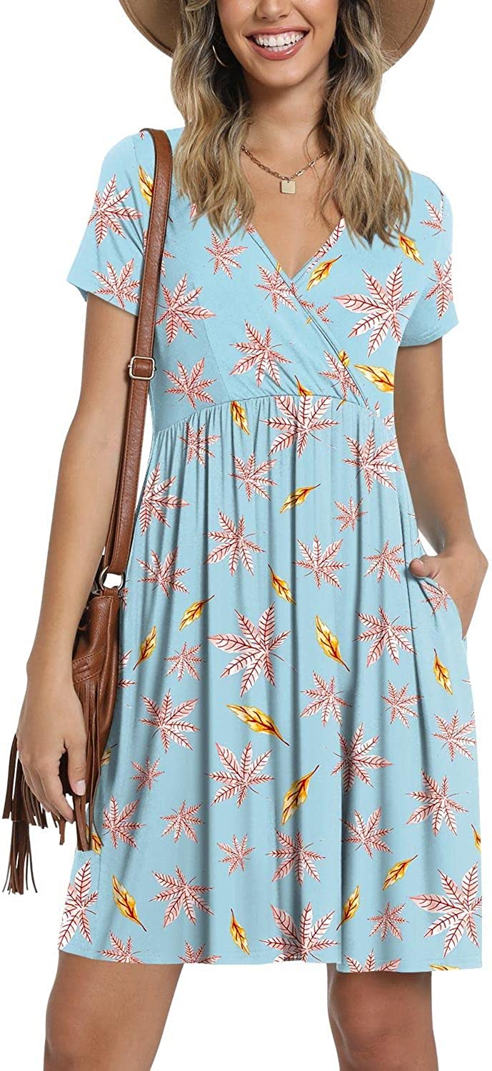 Summer Women's V Neck Dress, Printed Short Sleeve Neck Dress, Casual Loose Floral Beach Dress, Swing A-Line Dresses