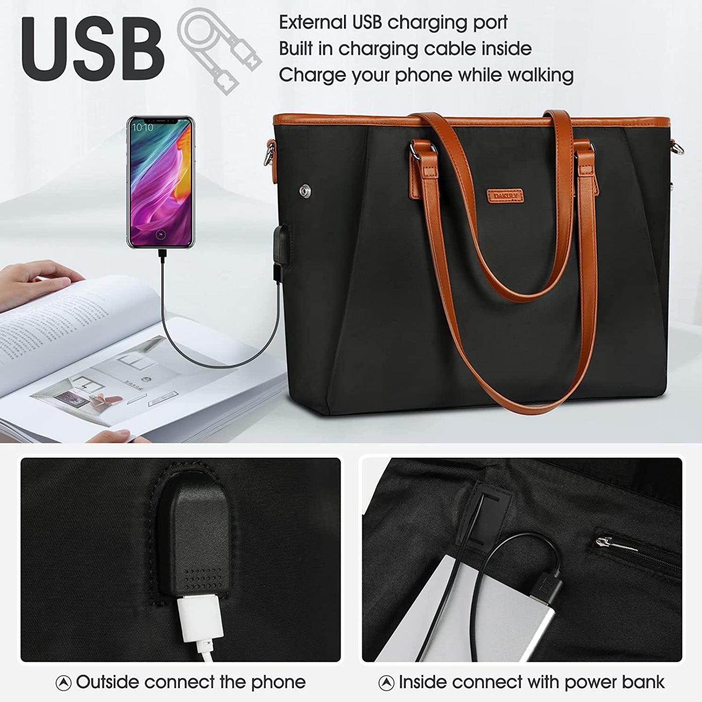 Laptop Bag for Women 15.6 Inch USB Teacher Bag Work Tote Bag Large Work Bags Waterproof Nylon Computer Tote Bag Lightweight Office Briefcase Shoulder Handbag Purse Black