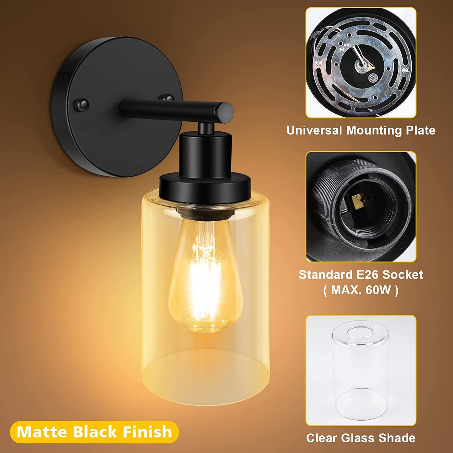 Modern Matte Black 1 Light Wall Sconce, Vanity Light Fixtures with Clear Glass Shade, Wall Lights for Living Room, Bedroom, Kitchen, Hallway, Mirror, 1 Count, E26 Base (Bulbs Not Included)