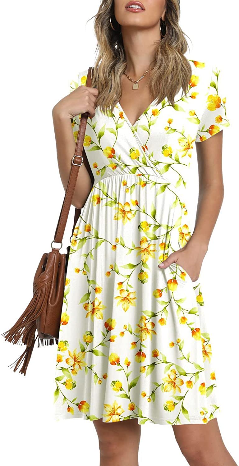 Summer Women's V Neck Dress, Printed Short Sleeve Neck Dress, Casual Loose Floral Beach Dress, Swing A-Line Dresses