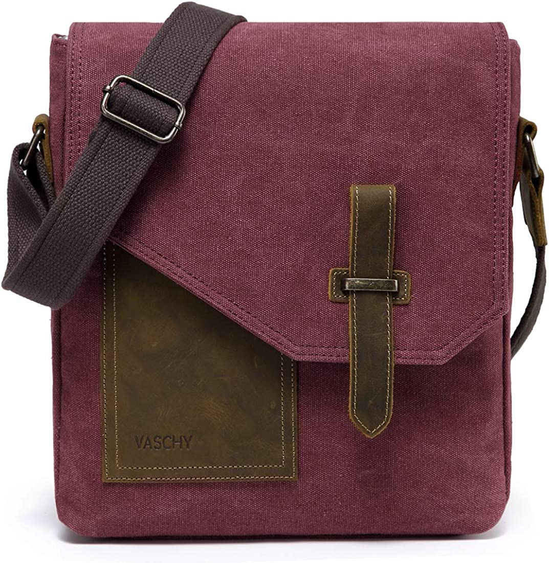 Small Messenger Bag,VASCHY Vintage Canvas Leather Lightweight Crossbody Bag