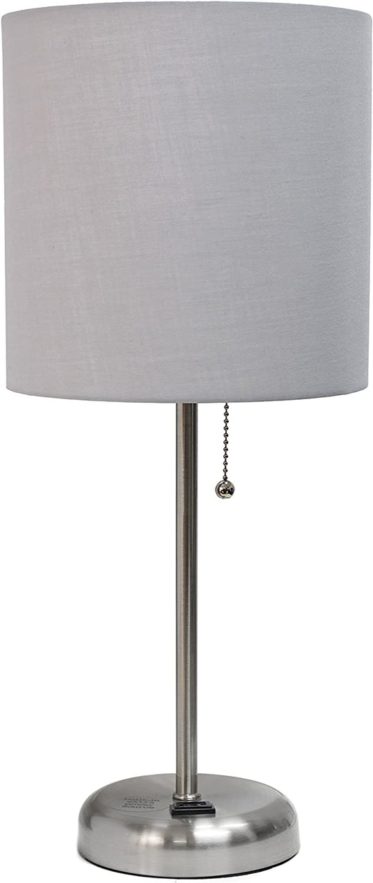 Limelights LT2024-GRY Stick Charging Outlet Table Lamp, 19.29, Brushed Steel Base/Gray Shade