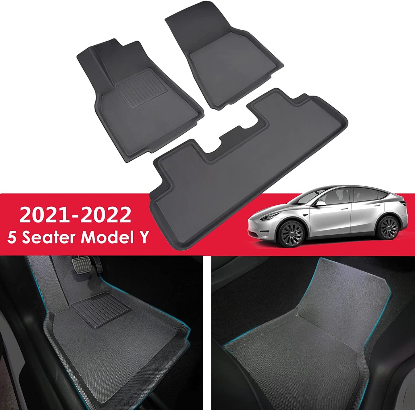 Floor Mats for Tesla Model Y 2021 2022 Accessories Custom Fit TPE Car Floor Liners Cargo Tray Trunk Waterproof Floor Mats Black Snowproof(1st & 2nd Row, Black)