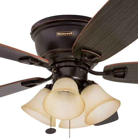 Honeywell Glen Alden 52-Inch Ceiling Fan with Sunset Shade Lights, Hugger/Flush Mount, Low Profile, Five Reversible Cimarron/Ironwood Blades, Oil-Rubbed Bronze