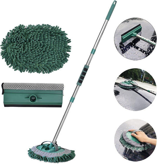 Car Wash Brush with Long Handle - 3 in 1 Car Cleaning Mop, Chenille Microfiber Mitt Set, Adjustable Length 24in-43in Glass Scrabber Vehicle Cleaner Kit, Green