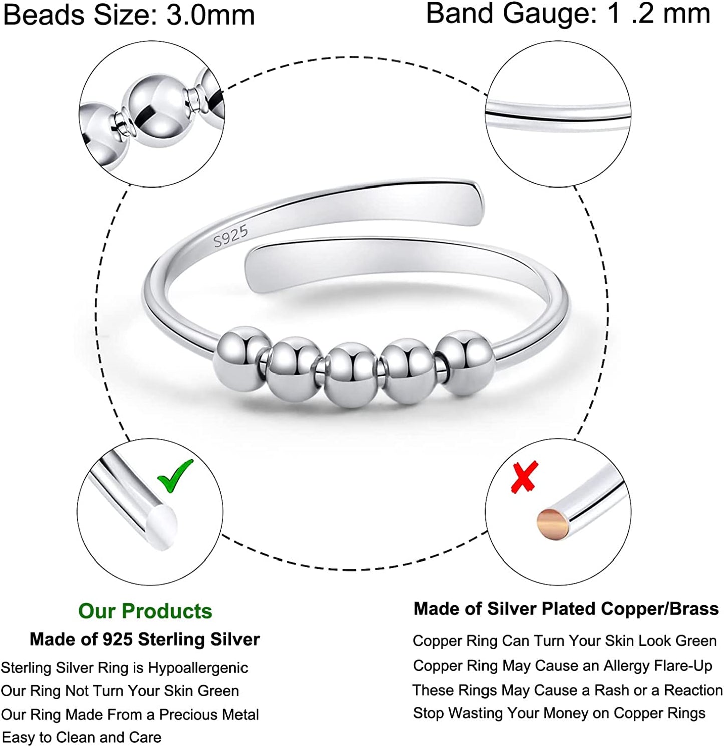 925 Sterling Silver Anti Anxiety Ring for Women Men Anxiety Relief Ring with Beads Spinning Rings for Anxiety Fidget Spinner Anxiety Ring Adjustable Minimalist Rings