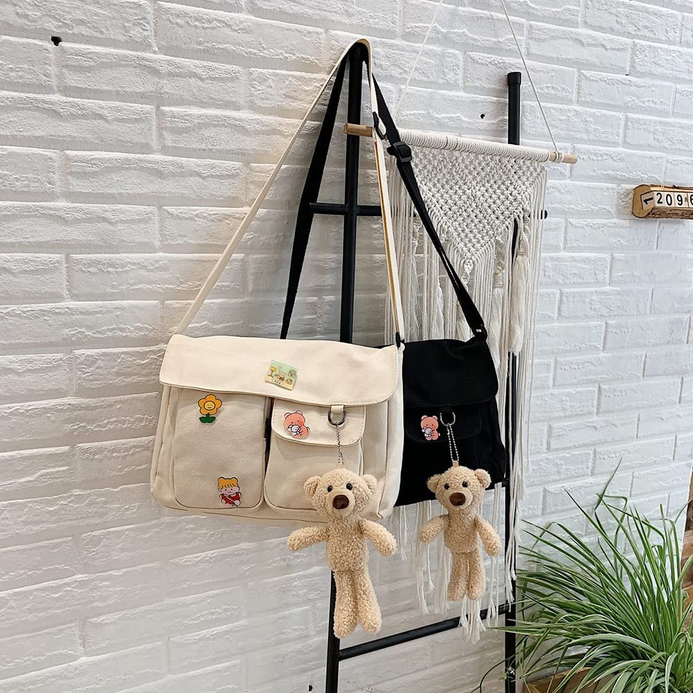 Canvas Crossbody Bag with Kawaii Pins and Pendent for Women Girls Casual Shoulder Messenger Bag Students Schoolbag