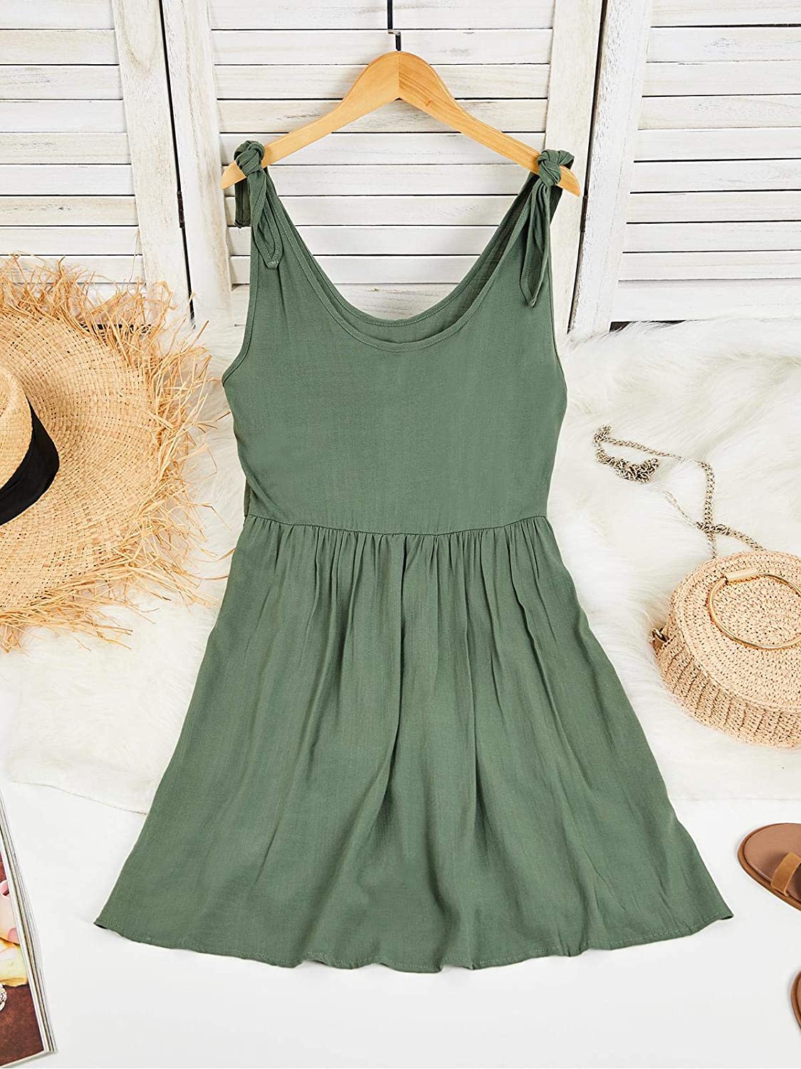 Womens Summer Shoulder Tie Strap Babydoll Dress Casual Scoop Neck A-Line Skater Swing Mini Sundress