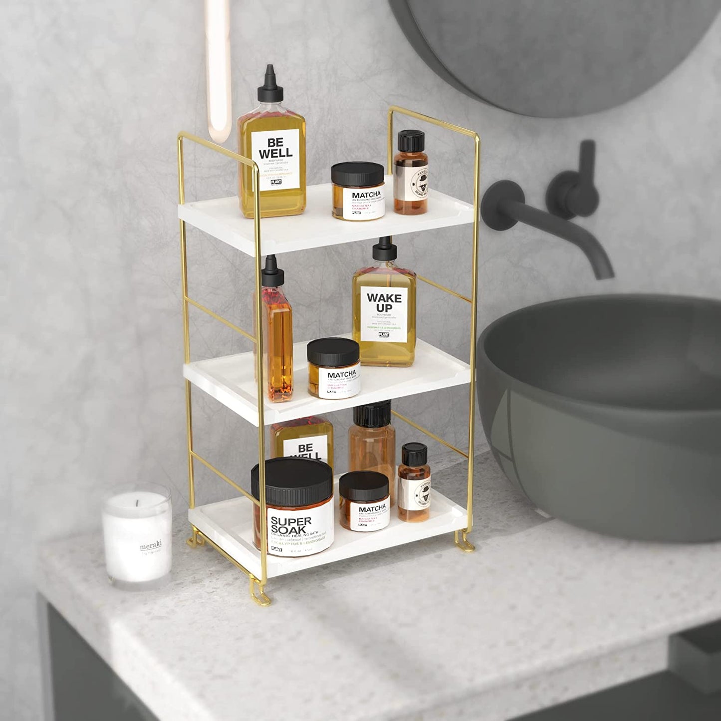 3-Tier Bathroom Organizer Countertop,Bathroom Makeup Organizer White Vanity Tray or Kitchen Spice Rack Perfume Organizer Cosmetic Display Cases (Gold)