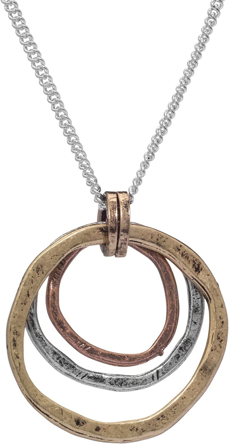Of Earth and Ocean HANDMADE Sunrise Pendant Necklace, Triple Circles in Tri-Tone Copper, Brass, and Silver
