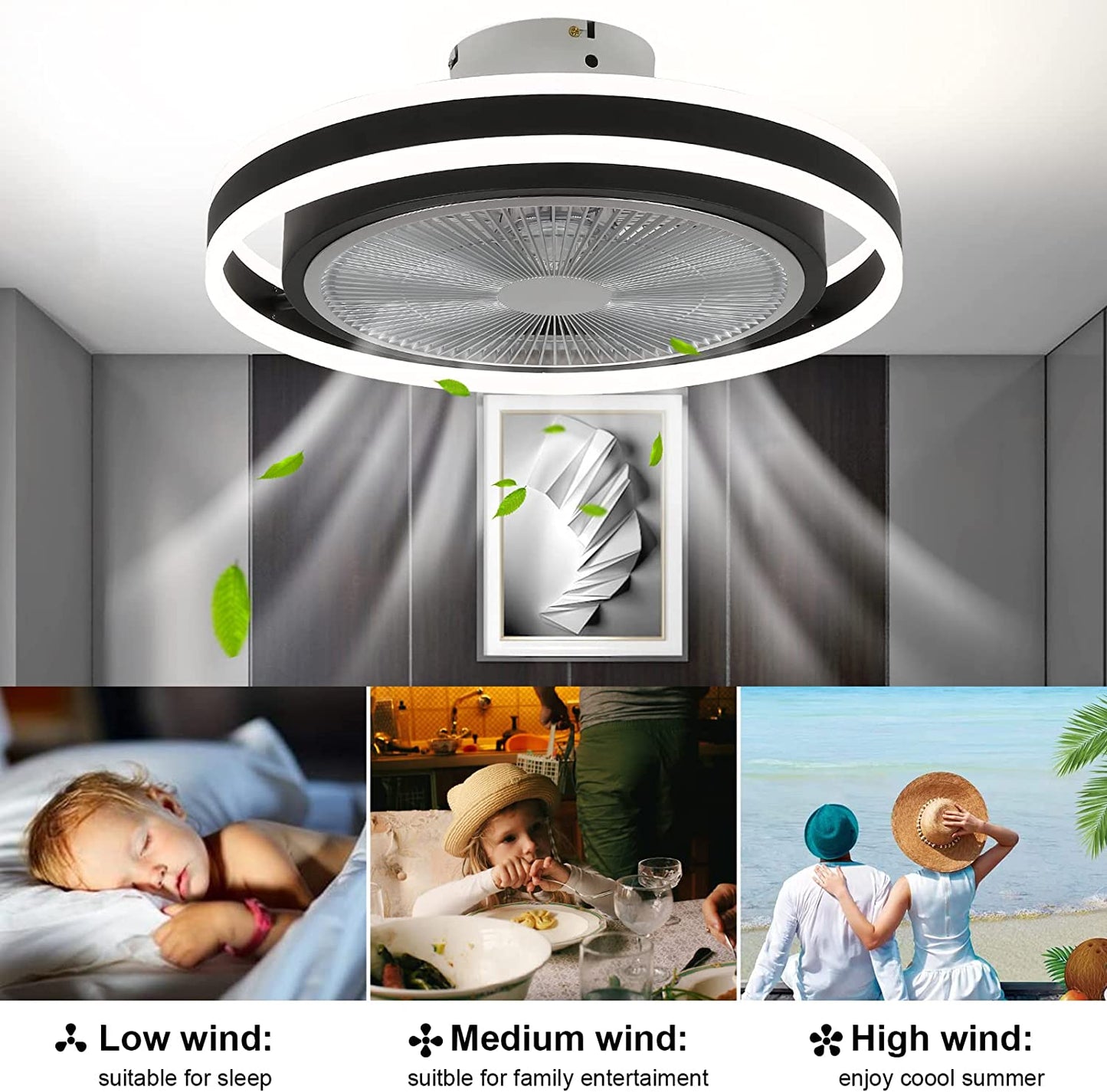 Ceiling Fan with Lights Remote Control 20" Enclosed Low Profile Ceiling Fan with Light Flush Mount Bladeless Ceiling Fan 3 Speed 3 Color Dimmable 72W Modern Ceiling Fan Light Kit for Bedroom Kitchen