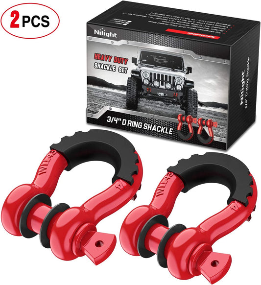 2 Pack 3/4" D-Ring Shackle 4.75 Ton (9500 Lbs) Capacity with 7/8" Pin Heavy Duty Off Road Recovery Shackle with Isolators & Washer Kit for Jeep Truck Vehicle, Red (90053B)