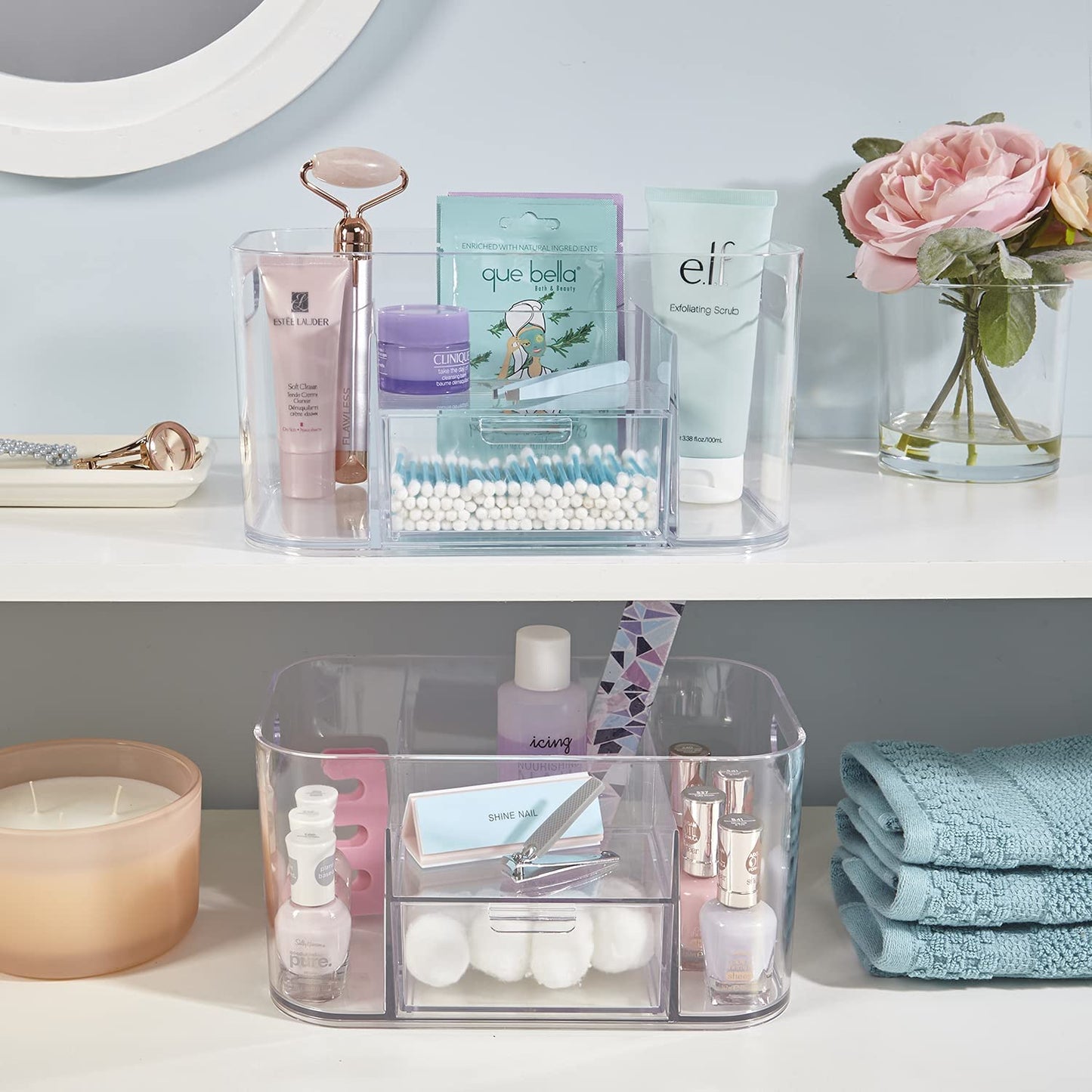 Bliss 4-Compartment Clear Plastic Organizer with Small Accessory Drawer | Rectangular Vanity Storage Bin with Pass-Through Handles | Round Corner Design | Made in USA