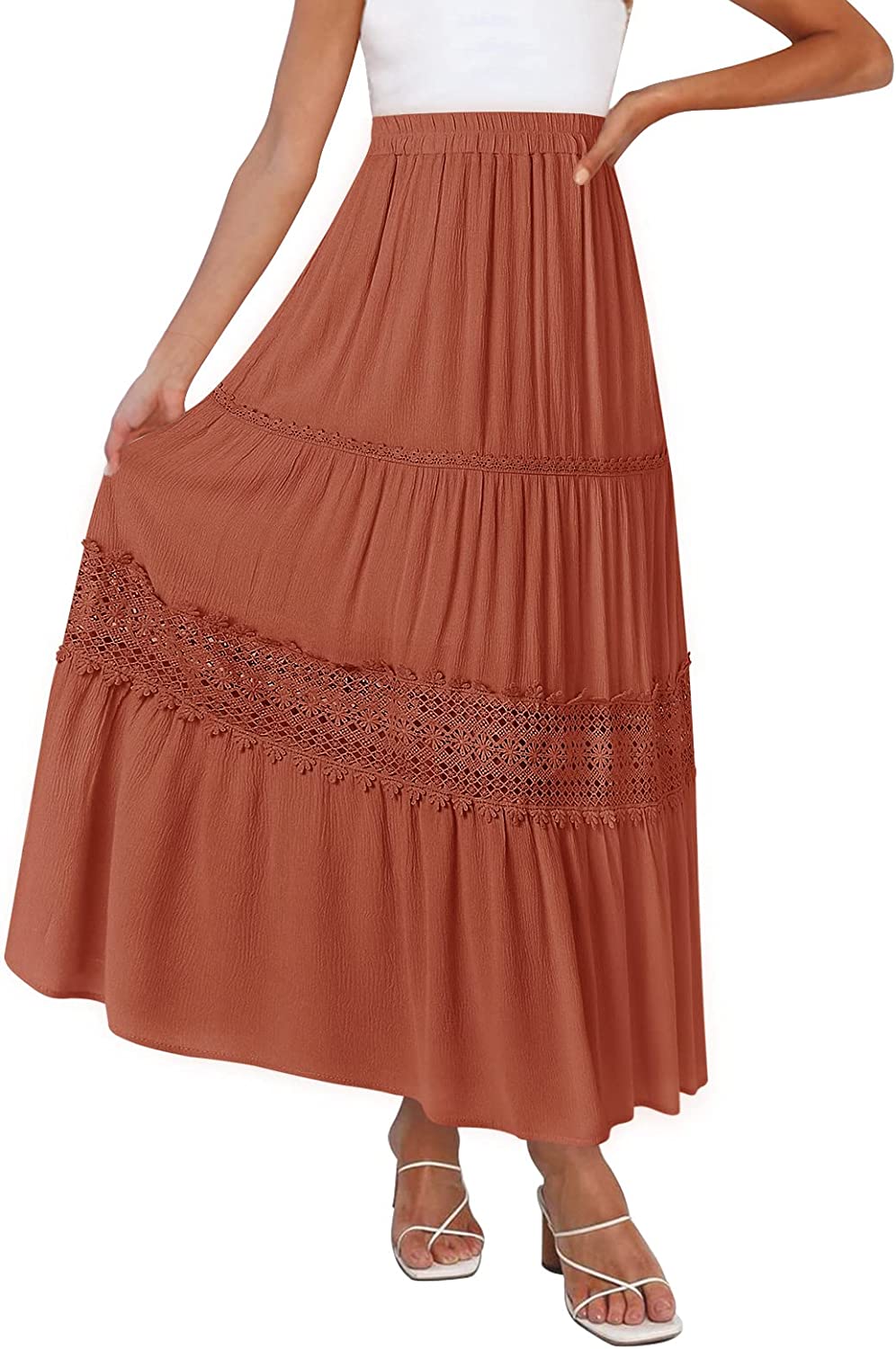 Women's Boho Elastic High Waist Pleated A-line Ruffle Lace Trim Tiered Midi Maxi Skirt with Pockets