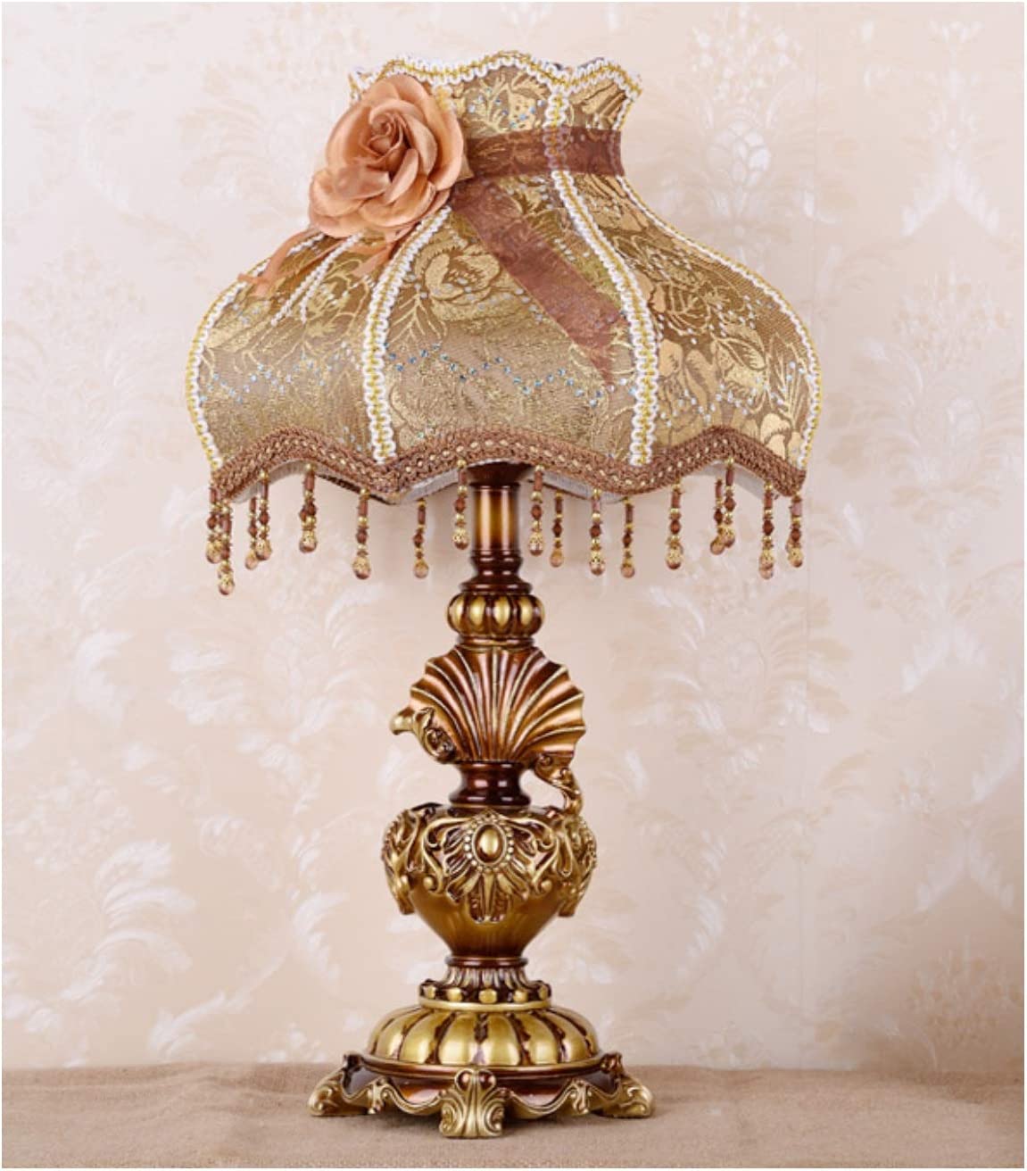 Traditional Table Lamp Brown Handmade Victorian Style Lace Fabric Lampshade Bedside Lamp Antique Painted Resin Base Desk Lamp for Bedroom Living Room Office, 13" W, 22" H.