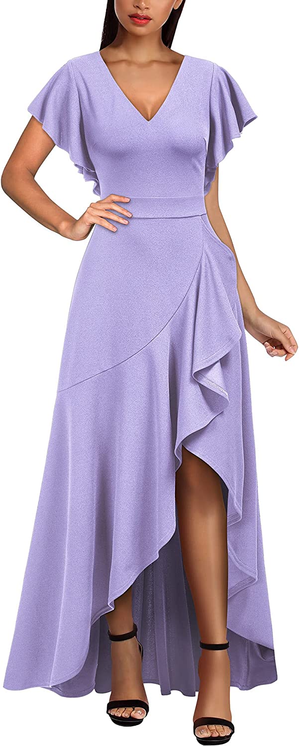 Women's Formal V Neck Ruffle Split Evening Party Long Dress